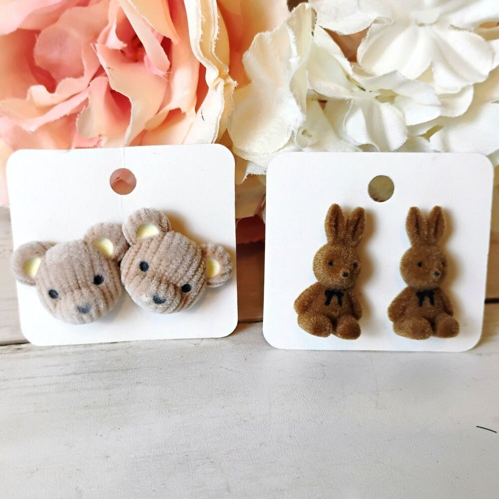 (2) NEW Flocked Bunny Rabbit & Corduroy Bear Stud Earrings Cute, Funky 3D